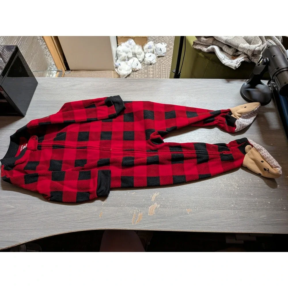 Carters 18M Red Black Buffalo Plaid Fleece Footed Pajamas Bear Feet Sleeper